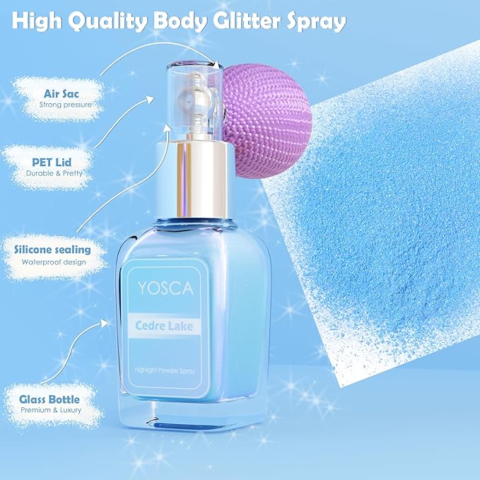 Yosca Highlighter Powder Spray, 20ML Cosmetic Grade Shimmer Powder Blue Glitter Spray Sparkle Highlighter Makeup Festival Concert Accessorise for Rave Clothes Hair Face Nail Art - Cedre Lake-BrightBean Baby