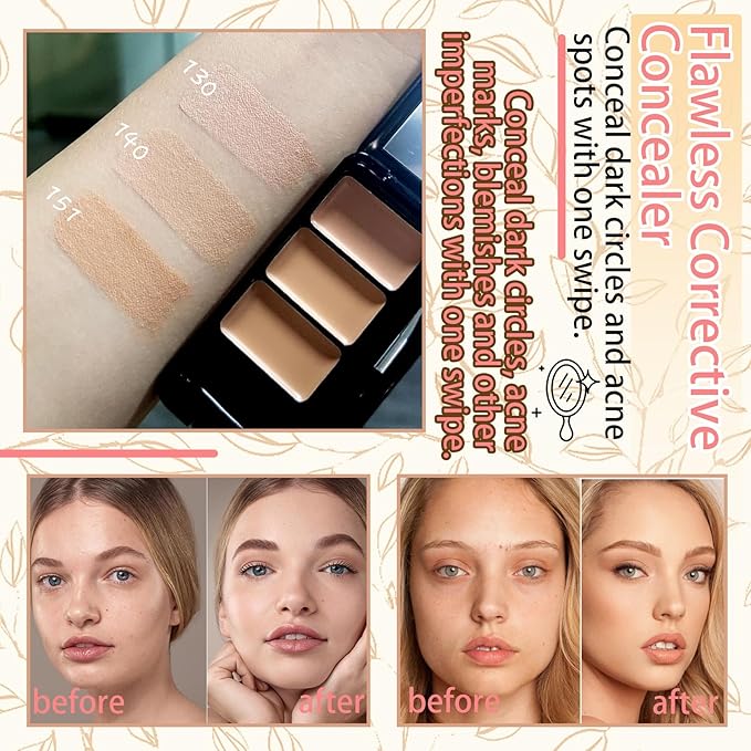 3 Colors Corrector Palette,Moisturizing Long Lasting Waterproof Cream Contour Makeup Palette,Color Correcting Concealer,Natural Flawless Full Coverage Liquid Foundation Set with Makeup Brushes-BrightBean Baby
