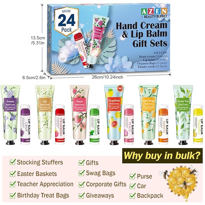 AZEN 24 Sets Hand Cream Bulk and Lip Balm Bulk Set, Bridal Shower Gifts for Guests, Thank You Gifts for Coworkers Women Men with Organza Bag Thank You Card, Bridal Wedding Favors for Guests-BrightBean Baby