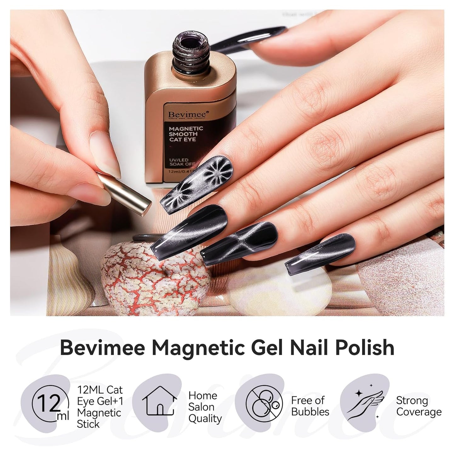 Cat Eye Gel Polish - Black, Glitter Magnetic Nail Polish Moonlight, Cateye Polish With Magnet Stick Holographic Shimmer Cateye Effect, UV Velvet Gel Nail Art Manicure Salon DIY Home, 12ML-BrightBean Baby
