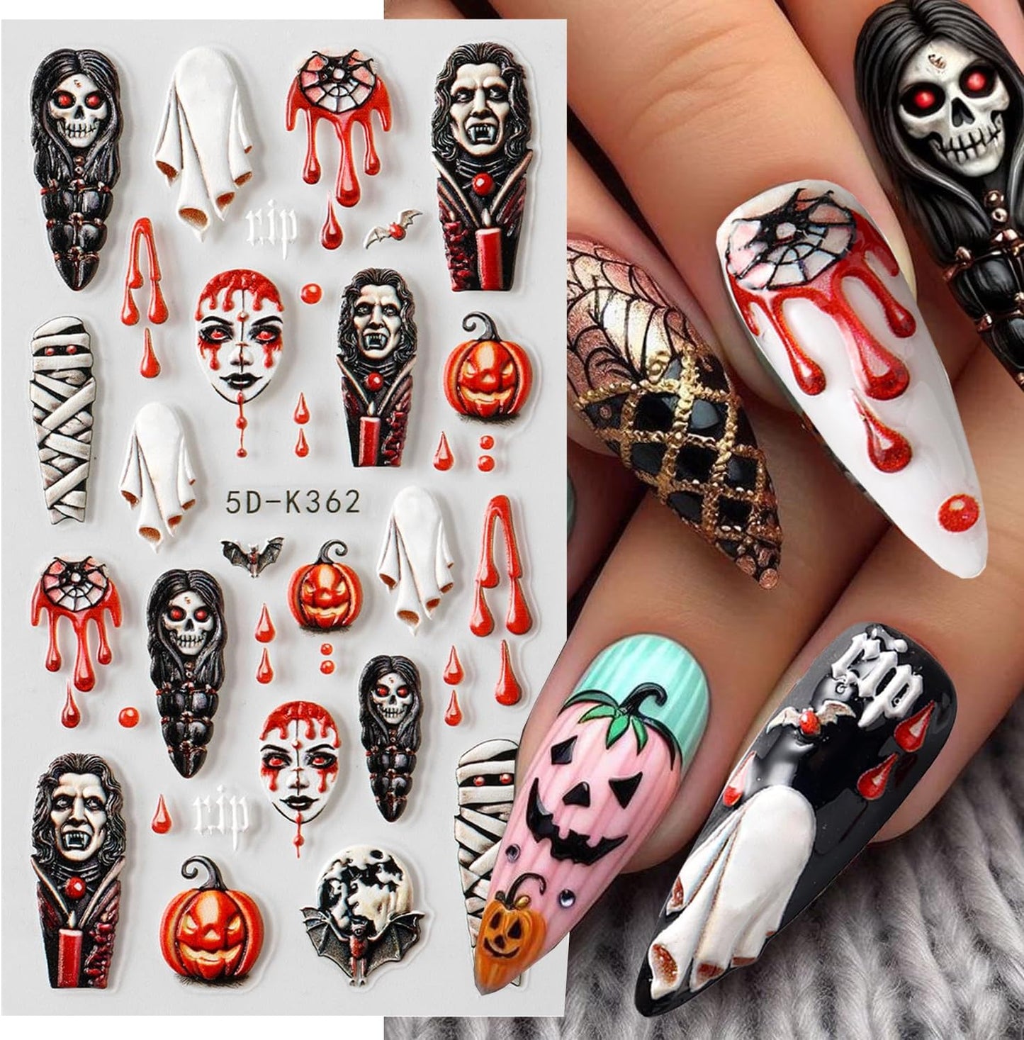 2 Sheets Halloween Nail Art Stickers 5D Embossed Horror Ghost Nail Stickers Big Red Lips Pumpkin Devil's Flame Eye Bat Design Terror Spider Mummy Nail Decals for Women Acrylic DIY Nail Decorations-BrightBean Baby