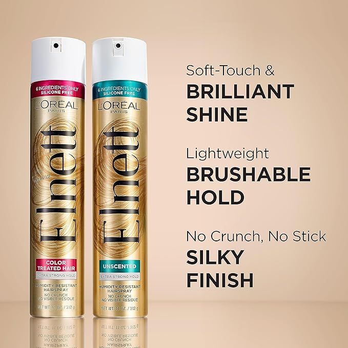 L'Oreal Paris Hair Care Elnett Satin Extra Strong Hold Hairspray For Color Treated Hair, Long Lasting Plus Humidity Resistant Hair Spray, 11 oz, (Pack of 2)-BrightBean Baby