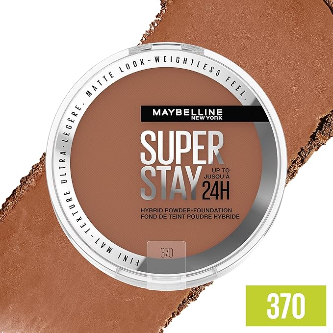 Maybelline Super Stay Up to 24HR Hybrid Powder-Foundation, Medium-to-Full Coverage Makeup, Matte Finish, 370, 1 Count-BrightBean Baby