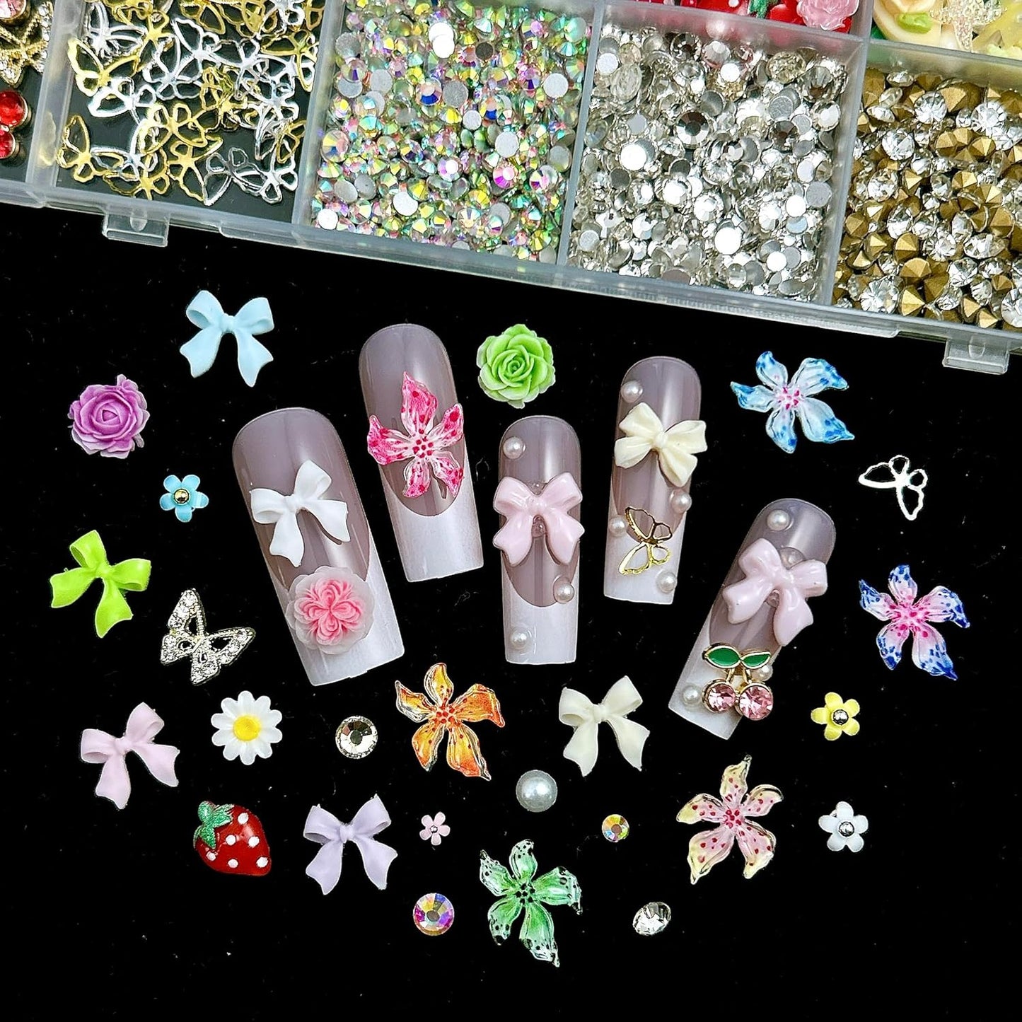 Flower Bow Nail Charms and Gems, 3D Resin Blossom Petals with Caviar Beads Charms for Nails Design,Flatback Pearl Charms Cherry Butterfly Rhinestone Nail Charms for Manicure DIY-BrightBean Baby