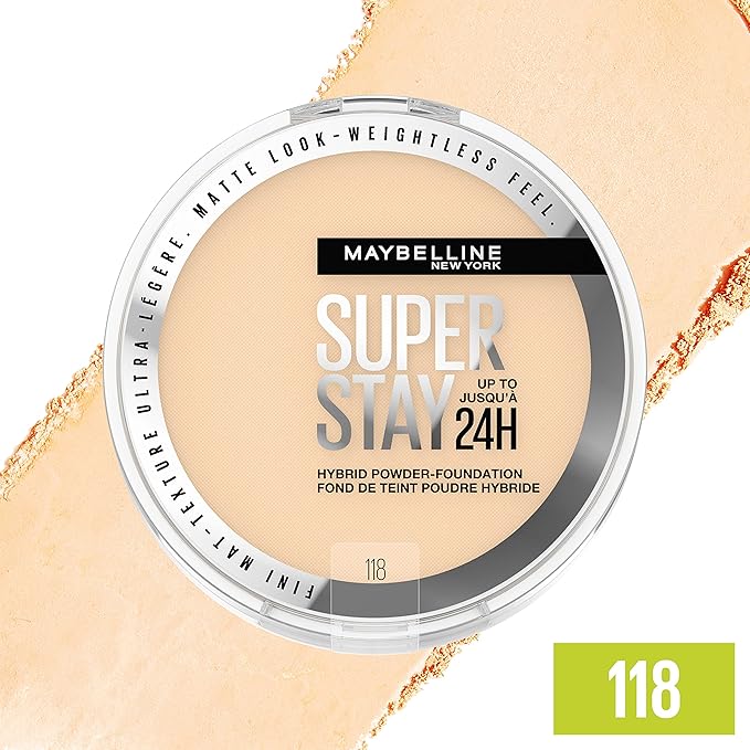 Maybelline Super Stay Up to 24HR Hybrid Powder-Foundation, Medium-to-Full Coverage Makeup, Matte Finish, 118, 1 Count-BrightBean Baby