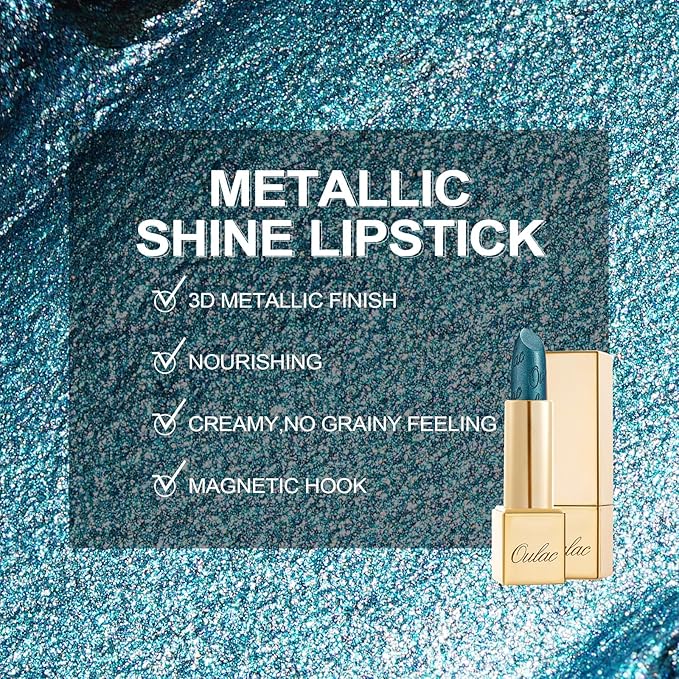 Oulac Metallic Green Lipstick for Women with Metallic 3D Shine, Lightweight Hydrating Formula, High-Impact Lip Color, Vegan Beauty, Full Coverage Lip Makeup, Turquoise (20)