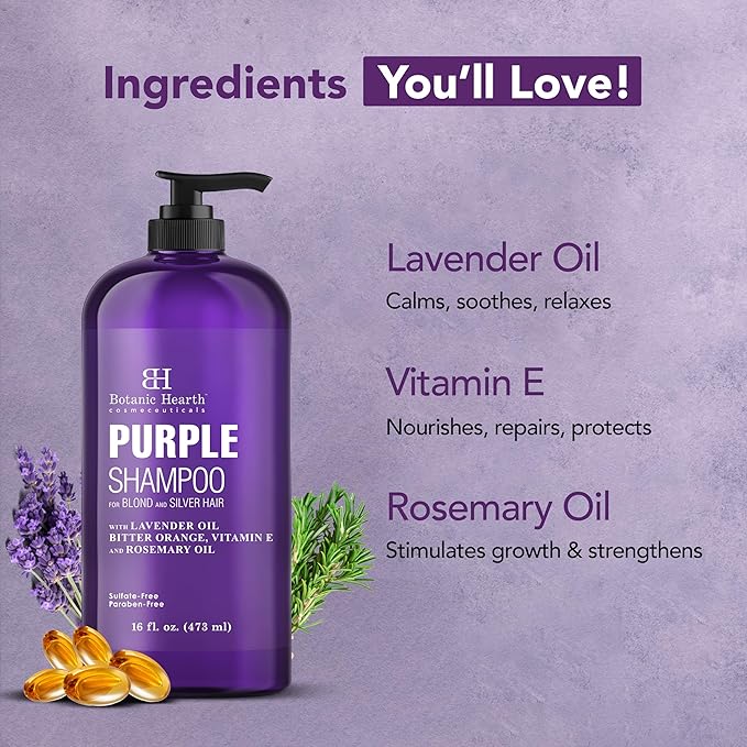 Botanic Hearth Purple Shampoo 16 Fl Oz | For All Shades Of Blonde, Silver & Gray Hair | With Lavender Oil, Vitamin E & Rosemary Oil | Sulfate & Paraben Free-BrightBean Baby