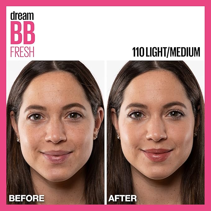Maybelline Dream Fresh Skin Hydrating BB cream, 8-in-1 Skin Perfecting Beauty Balm with Broad Spectrum SPF 30, Sheer Tint Coverage, Oil-Free, Light/Medium, 1 Fl Oz-BrightBean Baby
