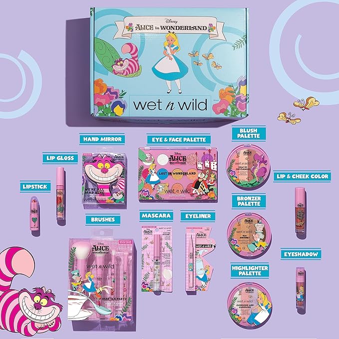 wet n wild Alice in Wonderland PR Box - Makeup Set with Versatile Brushes, Buildable & Blendable Palettes, Vibrant Colors, & Lip Glosses for Unique Looks, Cruelty-Free & Vegan-BrightBean Baby