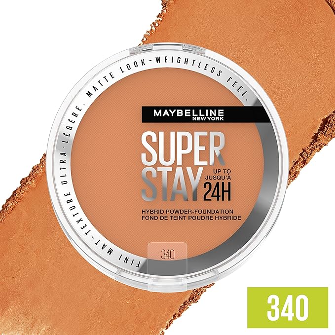 Maybelline Super Stay Up to 24HR Hybrid Powder-Foundation, Medium-to-Full Coverage Makeup, Matte Finish, 340, 1 Count-BrightBean Baby