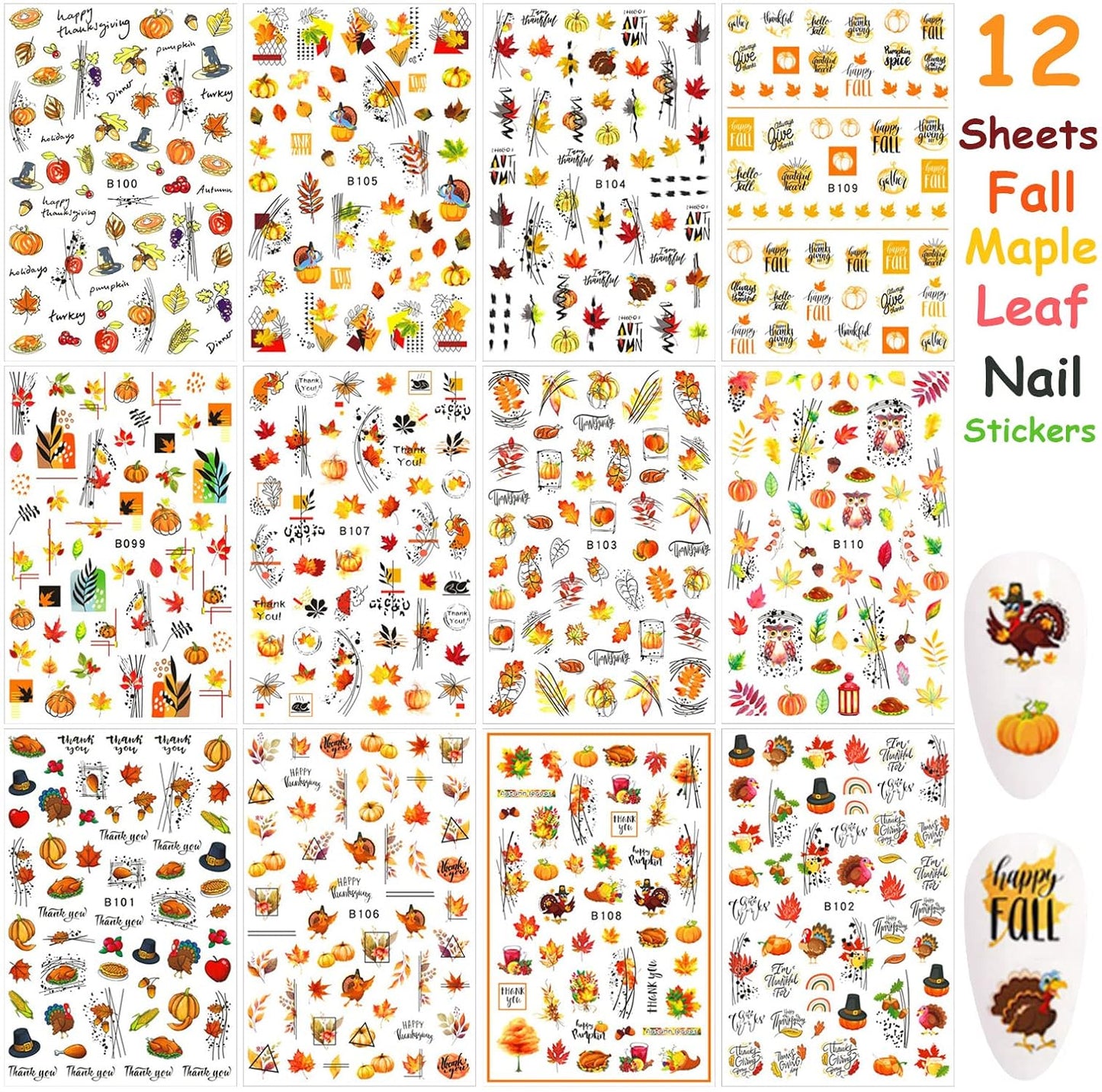 12 Sheets Fall Nail Art Stickers 3D Autumn Leaves Nail Decals Self-Adhesive Thanksgiving Nail Art Accessories Foils Maple Leaf Pumpkin Turkey Nail Designs for Women Girls DIY Manicure Decoration-BrightBean Baby