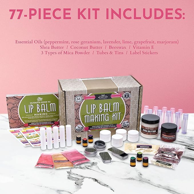 Deluxe Lip Balm Kit with Filling Tray, (77-Piece Set) For Making Your Very Own Clear & Colored DIY Lip Balms! | Includes Tubes, Bees Wax Pouch, 100% Pure Therapeutic Essential Oils & More-BrightBean Baby