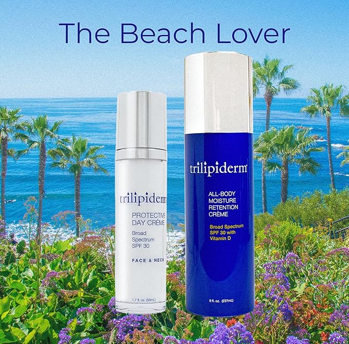 Trilipiderm Beach Lover Bundle- All-Body Moisture Retention Crème Sunscreen (8oz) & Protective Day Crème Broad Spectrum SPF 30 (1.7oz), Sunscreen Lotion UVA/UVB Set for Face, Body, Travel Size-BrightBean Baby