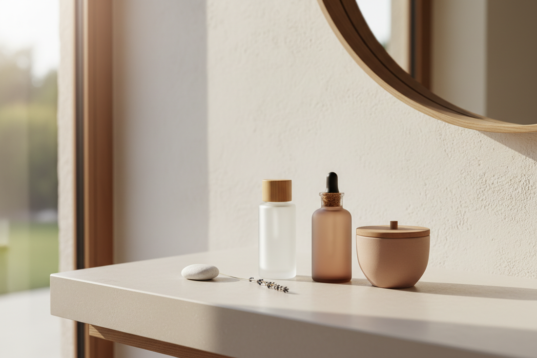 Minimalist skincare products and simple, peaceful aesthetic
