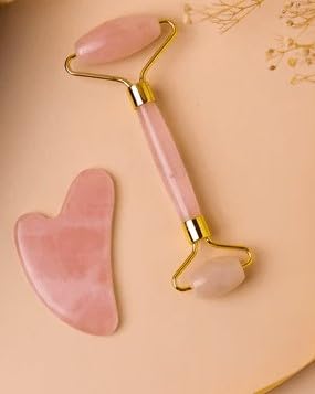 Rose Quartz Roller and Gua sha Set | Reduces Wrinkles, Fine lines and Dark Circles | Pink Jade Roller | Anti-aging Massager for Skin Toning and Tightening for Face, Eyes, Neck-BrightBean Baby