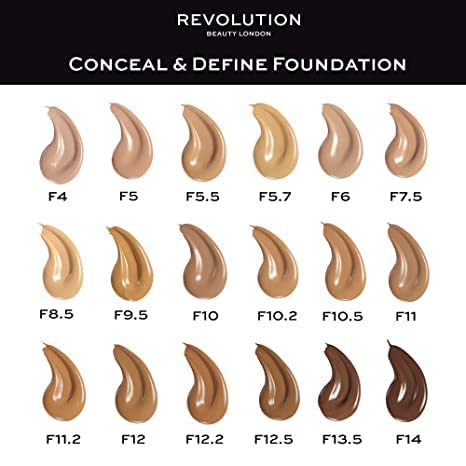 Makeup Revolution Conceal & Define Foundation, Cream Foundation Makeup, Full Coverage, For Medium Skin Tones, Vegan & Cruelty-Free, F10, 23ml-BrightBean Baby