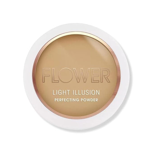 FLOWER Beauty By Drew Barrymore Light Illusion Perfecting Powder - Powder Foundation + Setting Powder for Makeup - Medium Buildable Coverage - Natural Glow + Flawless Finish - Mirror + Sponge Include d (Caramel)-BrightBean Baby