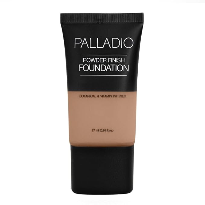 Palladio Powder Finish Liquid Foundation, Natural Matte Appearance, Reduces Fine Lines, Covers Large Pores, Hides Imperfections, All Day Wear, Sheer to Medium Coverage, Caramel-BrightBean Baby