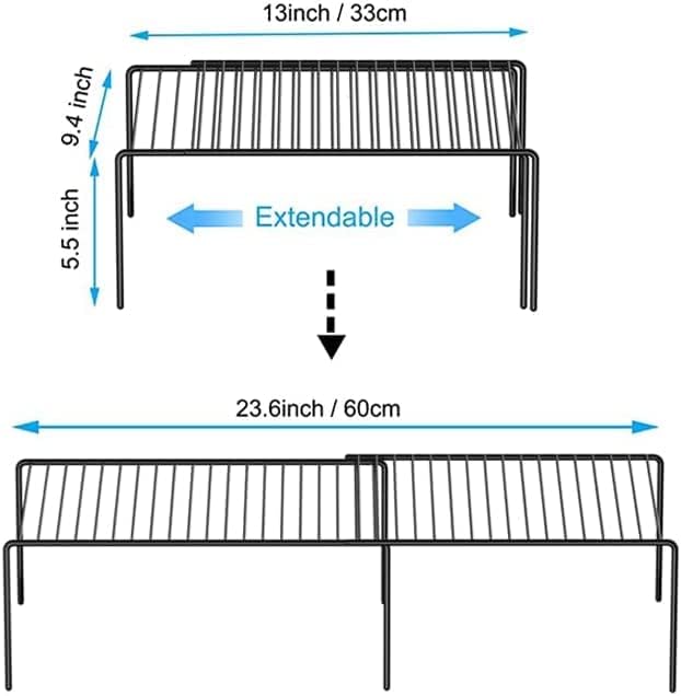 Kitchen Cabinet Expandable Shelf Organizers Set of 6, Adjustable Metal Wire Pantry Storage Shelves, Plate Dish Organizer Rack for Cabinets, Cupboard, Counter, Freezer, Countertop, Black
