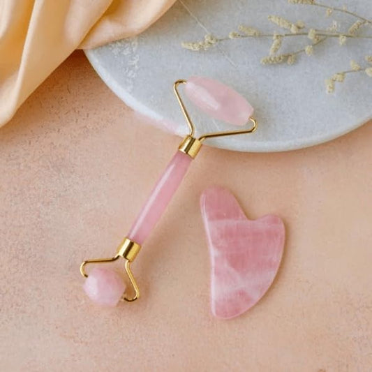 Rose Quartz Roller and Gua sha Set | Reduces Wrinkles, Fine lines and Dark Circles | Pink Jade Roller | Anti-aging Massager for Skin Toning and Tightening for Face, Eyes, Neck-BrightBean Baby