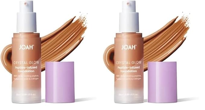 JOAH Crystal Glow Peptide-Infused Foundation, 2-in-1 Multitasking Korean Makeup with Blurring Face Primer, Luminizer, Hydration & Skin Defense for a Flawless Finish, 1.01 Oz, Tan Neutral (Pack of 2)-BrightBean Baby