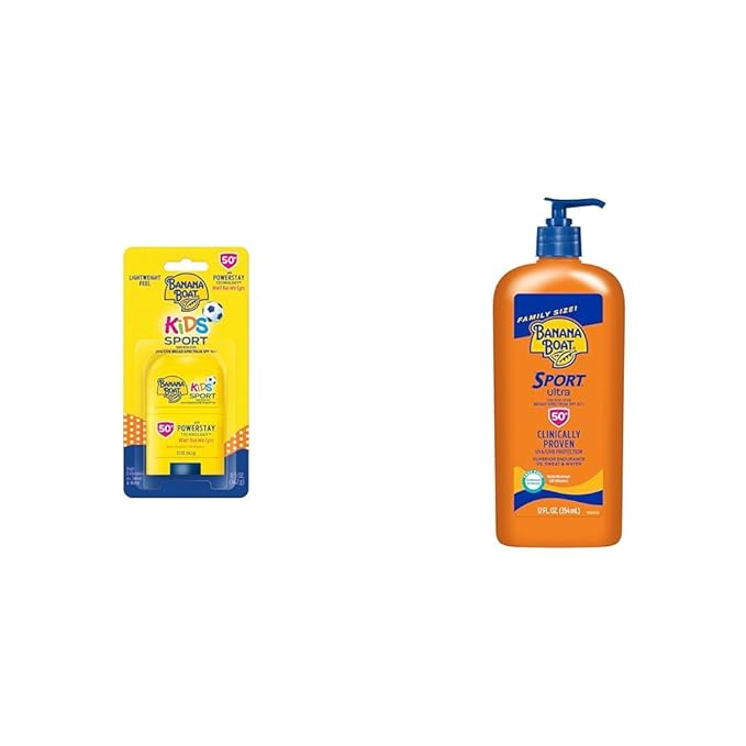 Banana Boat Kids Sport Sunscreen Stick SPF 50 Travel Size 0.5oz & Sport Ultra Sunscreen Lotion SPF 50 Family Size 12oz-BrightBean Baby