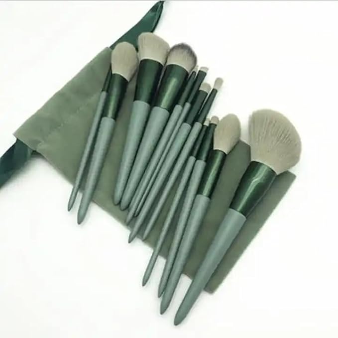 Foundation Makeup Brush Set Kit | 13 Pcs Premium Synthetic Kabuki Eye Shadows Make Up Brushes + 1 Sponge + 1 Brush Bag for Travel and Home Use (GREEN)-BrightBean Baby