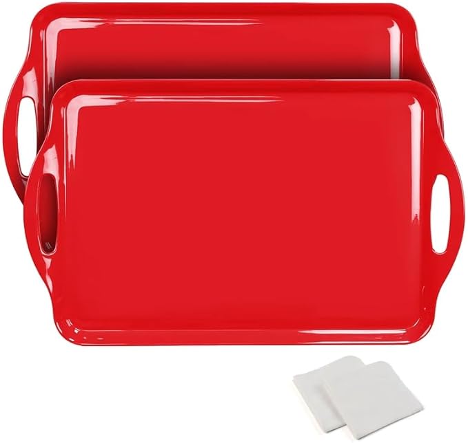 Red Christmas Serving Tray with Handles, 19''x11.6'' Extra Large Red，Melamine Platters Set of 2, Rectangular Trays for Serving Food, Turkey, Cookie, Cupcakes, Desserts, Dishwasher Safe, BPA-Free