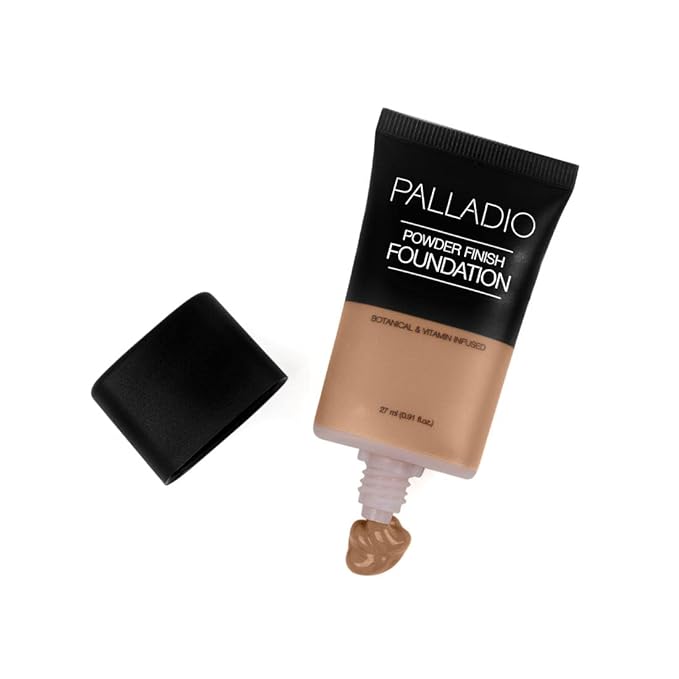 Palladio Powder Finish Liquid Foundation, Natural Matte Appearance, Reduces Fine Lines, Covers Large Pores, Hides Imperfections, All Day Wear, Sheer to Medium Coverage, Caramel-BrightBean Baby