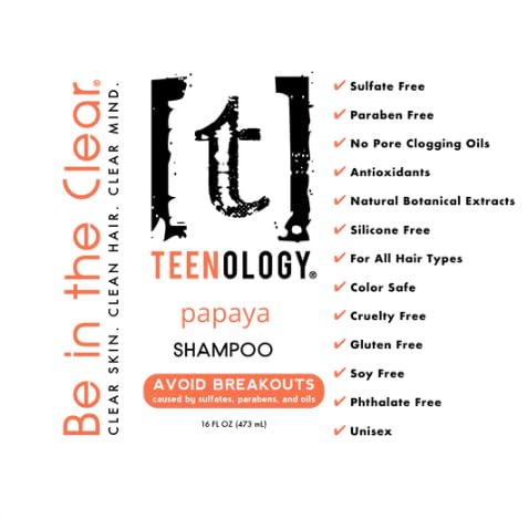 Teenology Shampoo for Teens - Avoid Forehead and Body Acne - No Sulfates or Parabens, Noncomedogenic, Natural Botanical Extracts, 16 oz. (Fresh Papaya)-BrightBean Baby