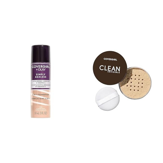 COVERGIRL+OLAY Simply Ageless 3-in-1 Liquid Foundation, Classic Ivory & Clean Invisible Loose Powder - Loose Powder, Setting Powder, Vegan Formula - Translucent Fair, 20g (0.7 oz)-BrightBean Baby