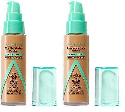 Almay Clear Complexion Acne Foundation Makeup with Salicylic Acid - Lightweight, Medium Coverage, Hypoallergenic, Fragrance-Free, for Sensitive Skin, 710 Natural Tan, 1 fl oz. (Pack of 2)-BrightBean Baby
