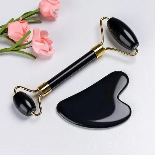 Black Obsidian Jade Facial Roller & Gua Sha Set 100% Natural Source from Highest Altitude of Himalayan Two-Sided Face Neck Massager Stone Beauty Tool-BrightBean Baby
