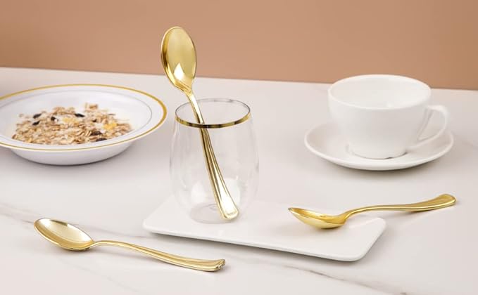 Liacere 200 Pack Gold Plastic Spoons - 6.7 inch Heavy Duty Plastic Spoons - Heavyweight Gold Disposable Spoons for Parties & Weddings & Restaurants & New Year & Fall Decor