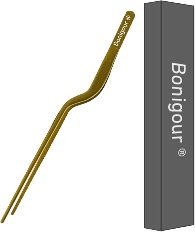 8 Inch Precision Offset Tweezers, Kitchen Culinary Stainless Steel Tongs, Curved Kitchen Cooking Multi-function Chef Precision Tweezer Tongs for Plating, Food Decorating and ect (Gold)