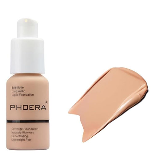 2Pcs Liquid Foundation Full Coverage 24HR Matte Oil Control Concealer 30ml (Nude & Buff Beige) with Kabuki Foundation Brush Flat Top (1pcs-103)-BrightBean Baby