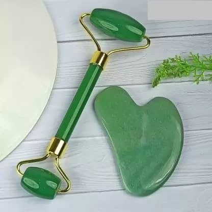 Green Jade Roller & Gua Sha Set, Face Roller Manual Massager,Green Jade Applicator for Face, Neck,Body Muscle,Relaxing, Stimulating Blood Flow, Relieve Fine Lines, Wrinkles,Green-BrightBean Baby