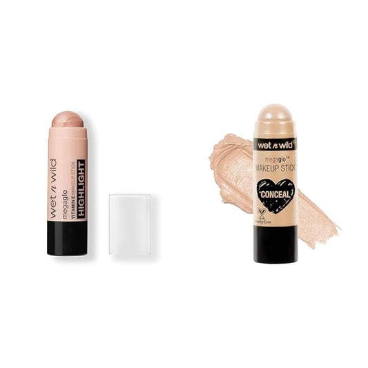 wet n wild Mega Glo Makeup Stick Glitzed Spell & Nude For Thought, Buildable Color Versatile Use Cruelty-Free Vegan-BrightBean Baby