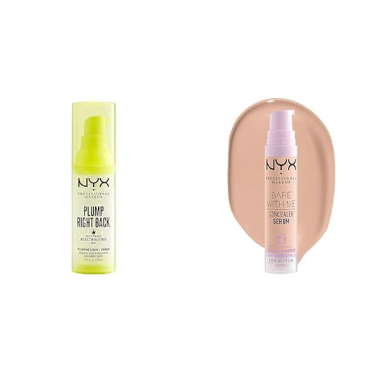 NYX PROFESSIONAL MAKEUP Plump Right Back Plumping Serum & Primer, With Hyaluronic Acid & Bare With Me Concealer Serum, Up To 24Hr Hydration - Light-BrightBean Baby