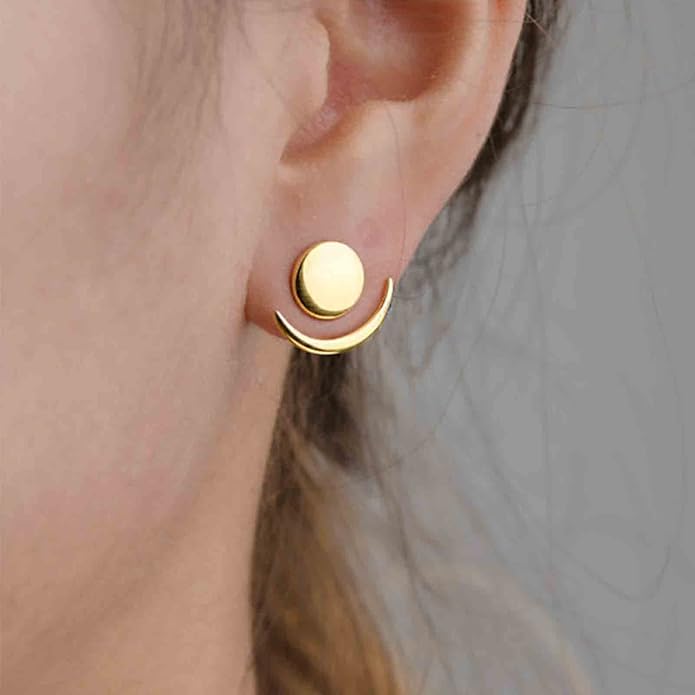 Boho Moon Ear Jackets Earrings Crescent Moon Stud Earrings Gold Sun Moon Earrings Minimalist Double Sided Round Earrings Jewelry for Women-BrightBean Baby