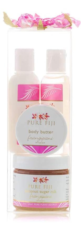 Pure Fiji Spa Gifts for Women and Man - Body Gift Box Include: Sugar Scrub , Bath and Body Oil, Body Butter and Body Lotion, Scent Frangipani-BrightBean Baby