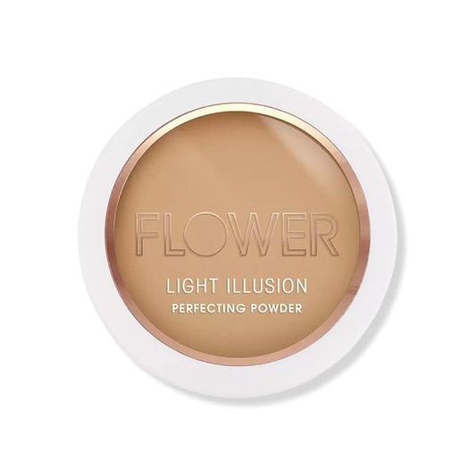 FLOWER Beauty By Drew Barrymore Light Illusion Perfecting Powder - Powder Foundation + Setting Powder for Makeup - Medium Buildable Coverage - Natural Glow + Flawless Finish - Mirror + Sponge Include d (Sable)-BrightBean Baby