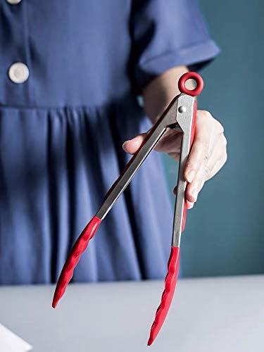 Silicone Cooking Tongs 9-Inch Serving Tongs, Set of 3 (Red)