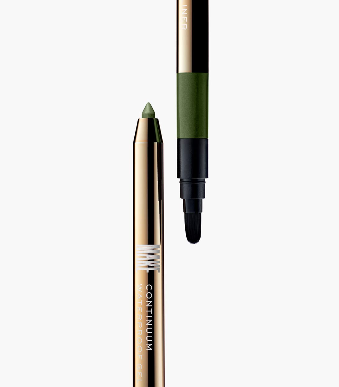 MAKE Beauty Continuum Waterproof Gel Eyeliner Pencil. Creamy, Pigmented Multi-Use, including Waterline with Built-in Sharpener and Blending Brush. Smudge-Proof Makeup. Shade - Gamma Ray, Olive-BrightBean Baby