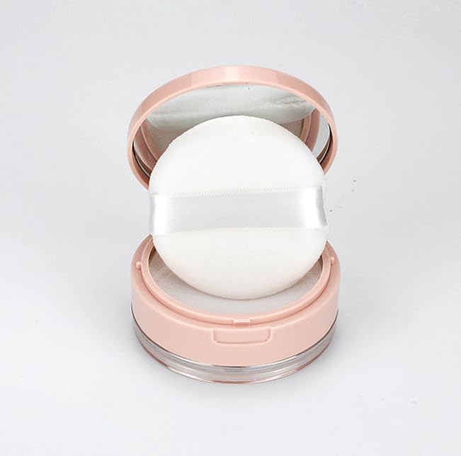 Loose Powder Cocntainer No Leaks Empty Reusable Plastic Loose Powder Compact Container Makeup Powder Case with Sponge Powder Puff,Elasticated Net Sifter and Pink Threaded Screw Lid-BrightBean Baby