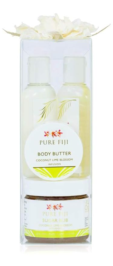 Pure Fiji Spa Gifts for Women and Man - Body Gift Box Include: Sugar Scrub , Bath and Body Oil, Body Butter and Body Lotion, Scent Coconut Lime Blossom-BrightBean Baby