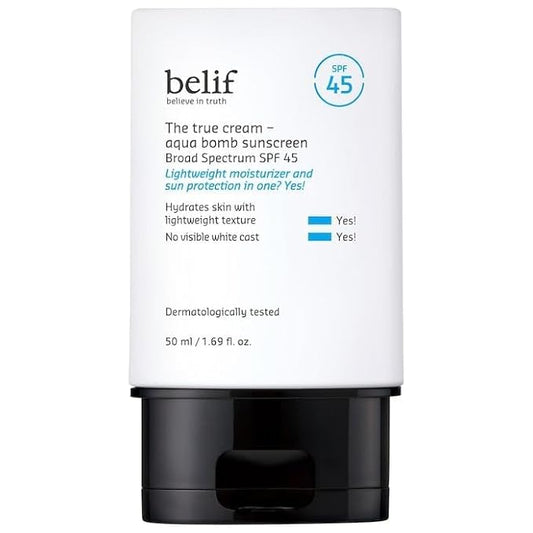 belif Aqua Bomb SPF 45 Hydrating Niacinamide Sunscreen (1.69 fl. oz) - The True Cream PA++++, Daily Broad Spectrum, No White Cast, Weightless & Invisible, Non-Greasy, Korean Skincare-BrightBean Baby