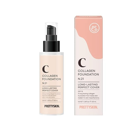 PS.PRETTYSKIN Collagen foundation for women, Long-Lasting Perfect Cover UV protection SPF15, Korean makeup with Titanium Dioxide 100ml/3.38fl.oz. (#21)-BrightBean Baby