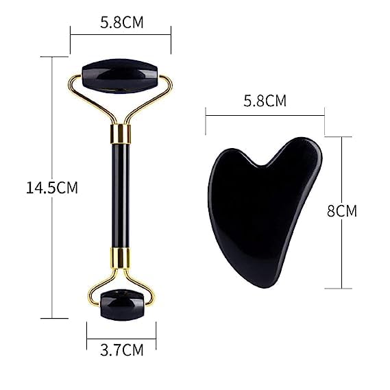 Black Obsidian Jade Facial Roller & Gua Sha Set 100% Natural Source from Highest Altitude of Himalayan Two-Sided Face Neck Massager Stone Beauty Tool-BrightBean Baby