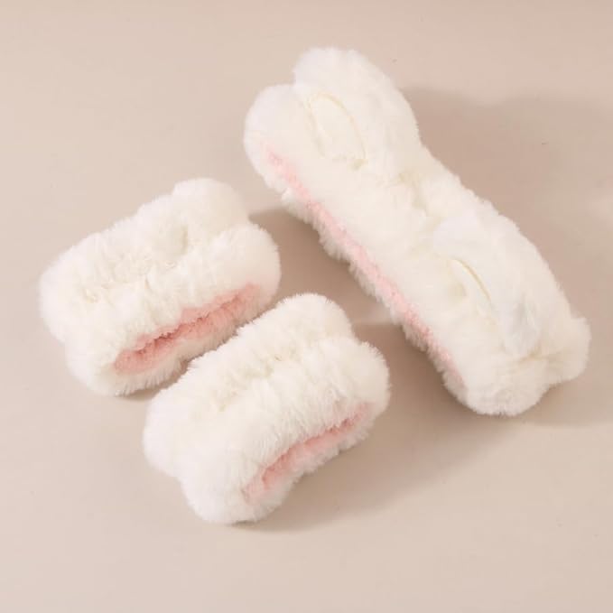 7pcs/Set Hairdressing Accessories Kit, Lovely Bear Decor Head Band, Elastic Fluffy Water Absorbent Head Hoops, Flower Shaped Hair Claw Clips, Ponytail Holders Hair Ties (White)-BrightBean Baby